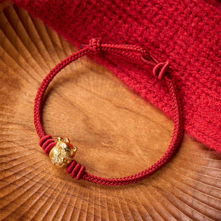 Buddha Stones Handgewebtes, verstellbares Armband aus rotem Kupfergarn mit Glückskatzen-Motiv - image 2