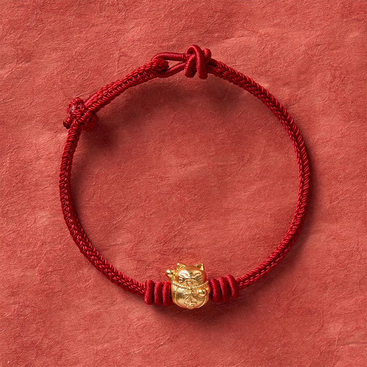 Buddha Stones Handgewebtes, verstellbares Armband aus rotem Kupfergarn mit Glückskatzen-Motiv - image 3