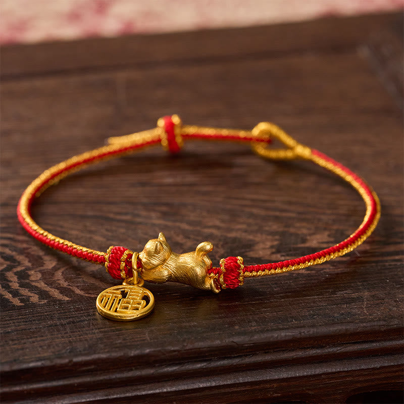 Buddha Stones Armband mit liegender Katze (Fu-Figur) aus kupferrotem Garn, handgewebt, Wohlstandssymbol - image 2