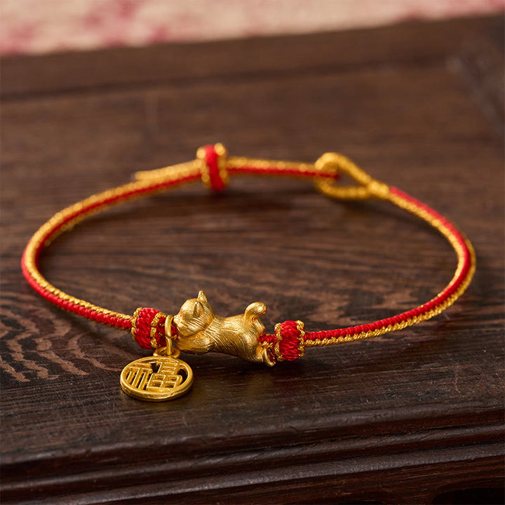 Buddha Stones Armband mit liegender Katze (Fu-Figur) aus kupferrotem Garn, handgewebt, Wohlstandssymbol - image 2