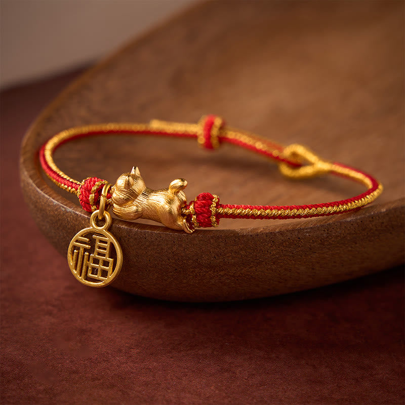 Buddha Stones Armband mit liegender Katze (Fu-Figur) aus kupferrotem Garn, handgewebt, Wohlstandssymbol - image 1