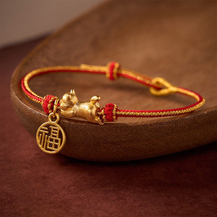 Buddha Stones Armband mit liegender Katze (Fu-Figur) aus kupferrotem Garn, handgewebt, Wohlstandssymbol - image 1