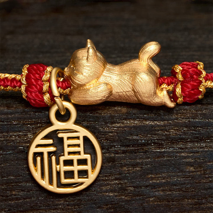Buddha Stones Armband mit liegender Katze (Fu-Figur) aus kupferrotem Garn, handgewebt, Wohlstandssymbol - image 5