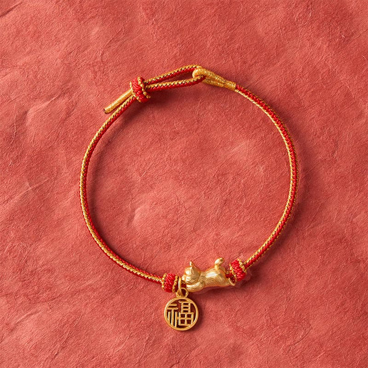 Buddha Stones Armband mit liegender Katze (Fu-Figur) aus kupferrotem Garn, handgewebt, Wohlstandssymbol - image 3