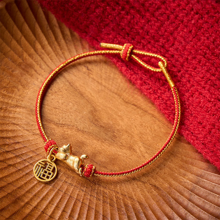 Buddha Stones Armband mit liegender Katze (Fu-Figur) aus kupferrotem Garn, handgewebt, Wohlstandssymbol - Cat&Fu-Figur (Handgelenkumfang 15–18 cm) - image 0