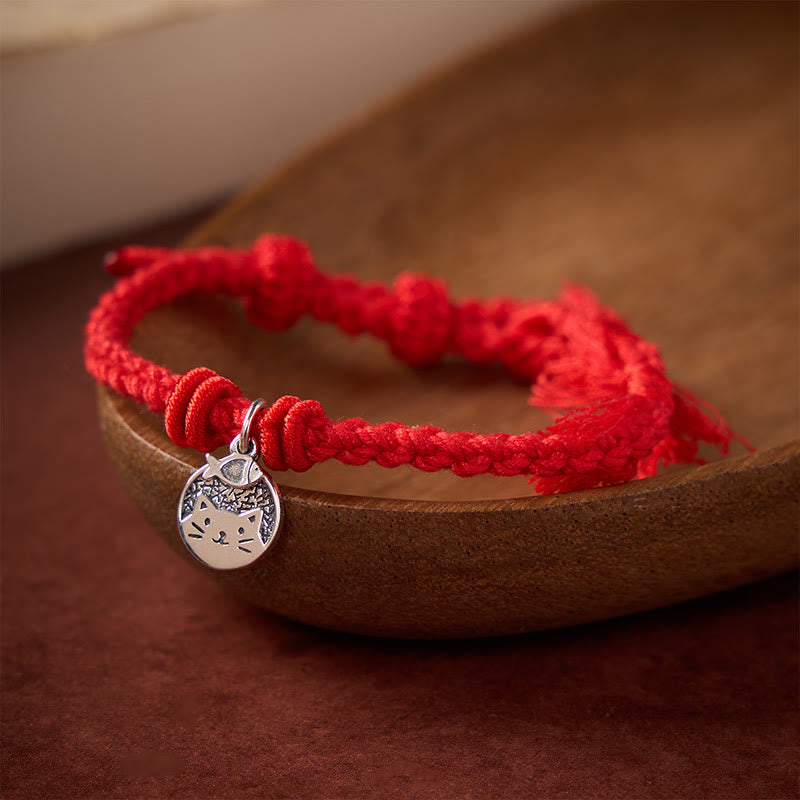 Buddha Stones 925 Sterling Silber Armband mit niedlichem Katzenfisch-Motiv und tibetischem rotem Faden, verstellbar - Rot (Handgelenkumfang 14–17 cm) - image 9