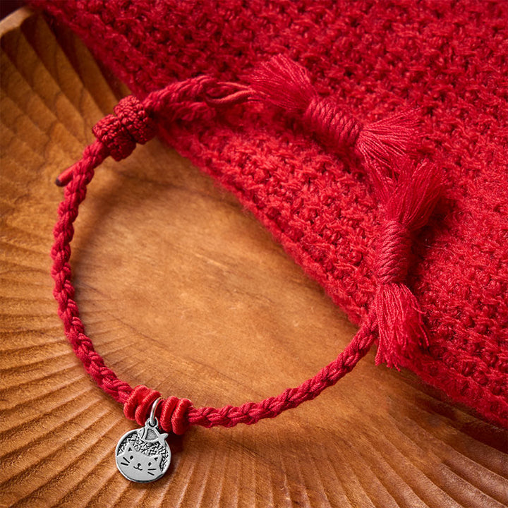 Buddha Stones 925 Sterling Silber Armband mit niedlichem Katzenfisch-Motiv und tibetischem rotem Faden, verstellbar - image 2