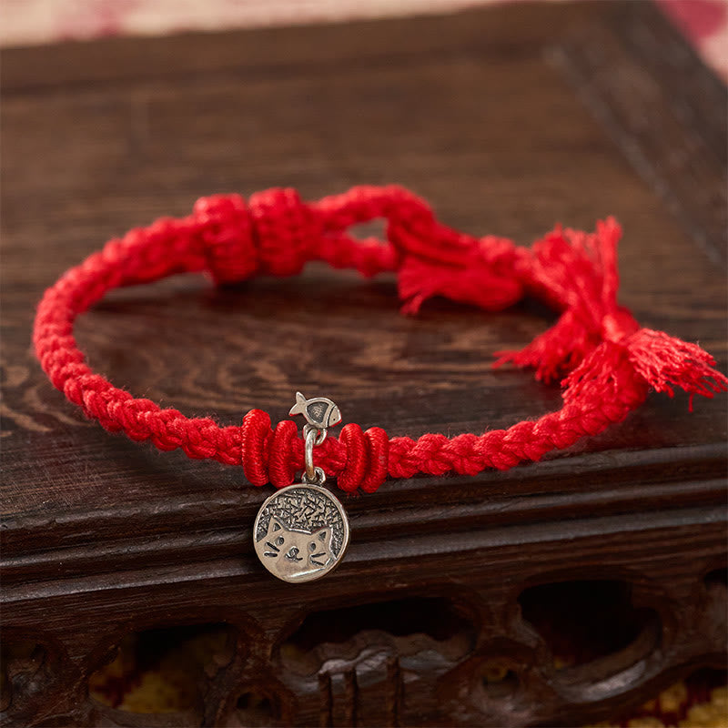 Buddha Stones 925 Sterling Silber Armband mit niedlichem Katzenfisch-Motiv und tibetischem rotem Faden, verstellbar - image 10