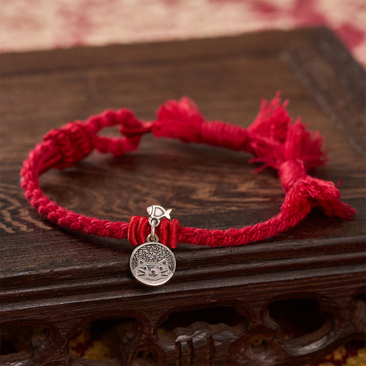 Buddha Stones 925 Sterling Silber Armband mit niedlichem Katzenfisch-Motiv und tibetischem rotem Faden, verstellbar - image 1