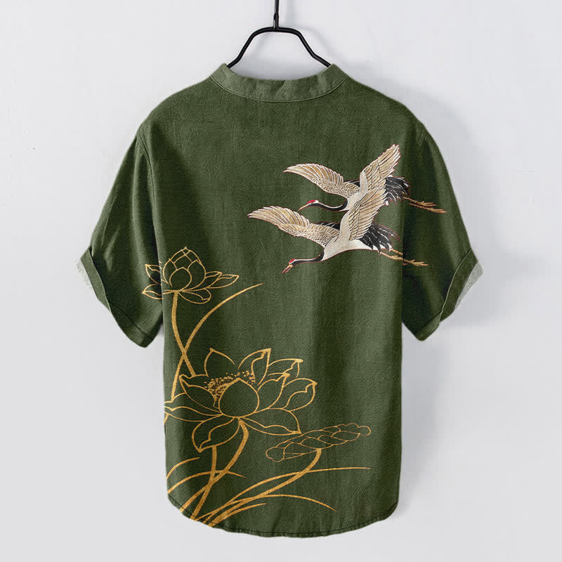 Buddha Stones Herrenhemd aus Baumwolle mit Kranich- und goldenem Lotusmuster, Kurzarm, halbe Knopfleiste - image 6