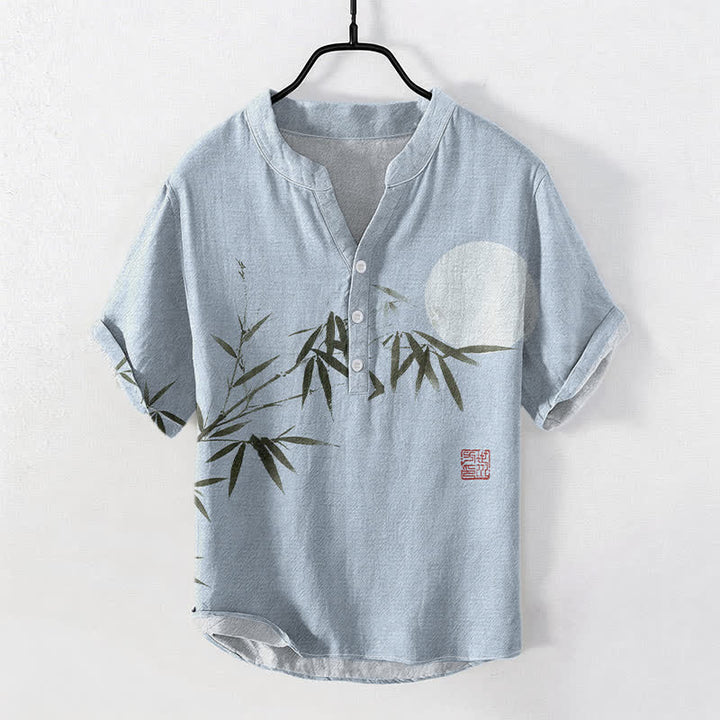 Buddha Stones Kurzarmhemd aus Baumwolle mit Bambus-Mondmuster, Herren, halb geknöpft, mit halben Ärmeln - Hellblau - US/ UK/AU50, EU60 (5XL) - image 3