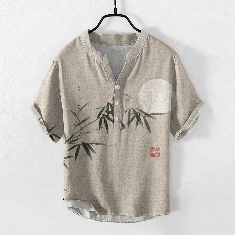 Buddha Stones Kurzarmhemd aus Baumwolle mit Bambus-Mondmuster, Herren, halb geknöpft, mit halben Ärmeln - Beige - US/ UK/AU50, EU60 (5XL) - image 5