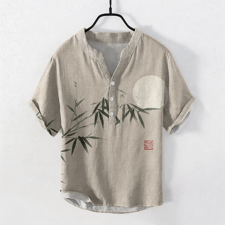 Buddha Stones Kurzarmhemd aus Baumwolle mit Bambus-Mondmuster, Herren, halb geknöpft, mit halben Ärmeln - Beige - US/ UK/AU50, EU60 (5XL) - image 5