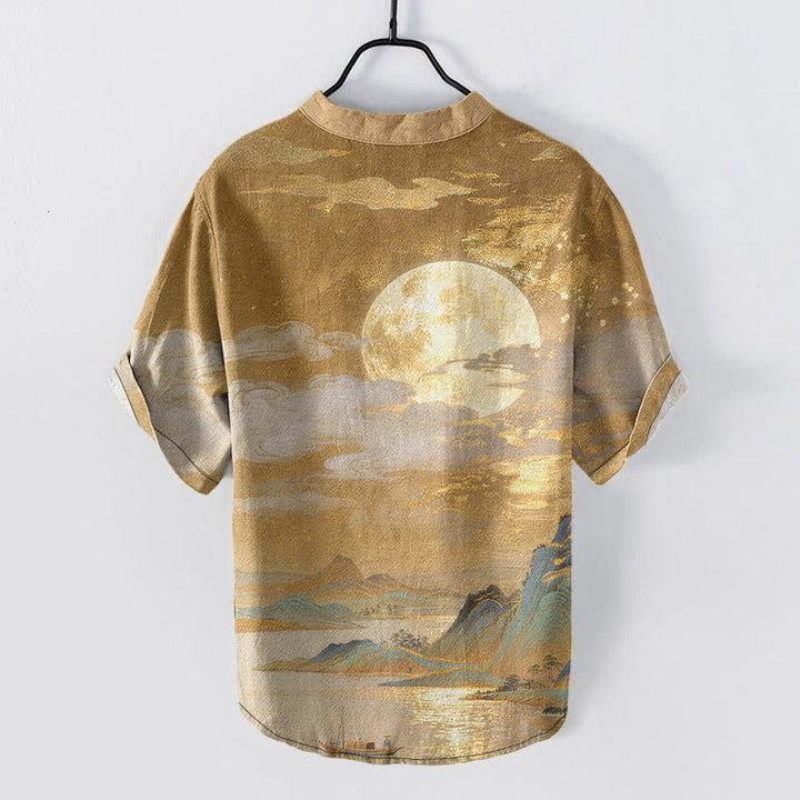 Buddha Stones Kurzarmhemd aus Baumwolle mit Mond-, Wolken- und Bergmuster, Herren, halb geknöpft - image 1