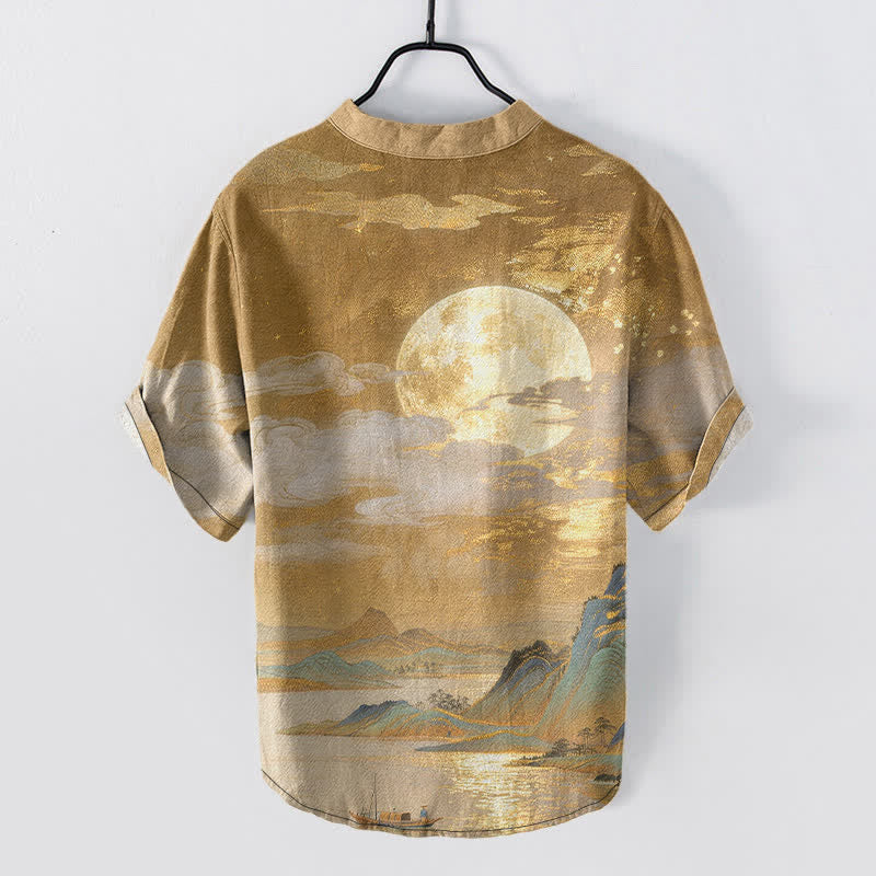 Buddha Stones Kurzarmhemd aus Baumwolle mit Mond-, Wolken- und Bergmuster, Herren, halb geknöpft - image 1