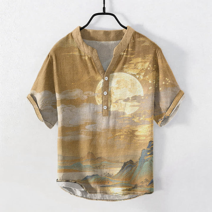Buddha Stones Kurzarmhemd aus Baumwolle mit Mond-, Wolken- und Bergmuster, Herren, halb geknöpft - Goldrute - US/ UK/AU50, EU60 (5XL) - image 0
