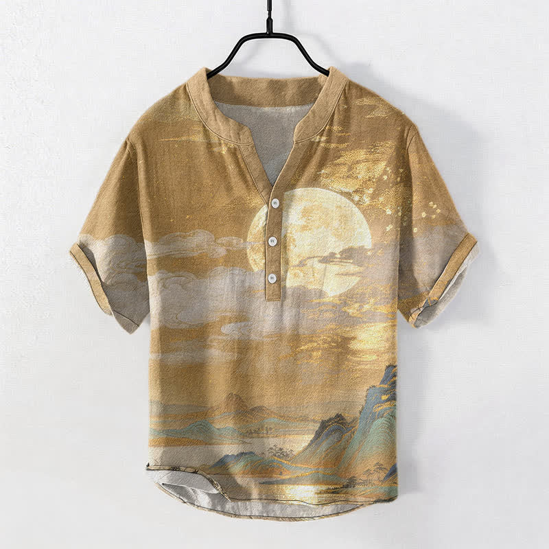Buddha Stones Kurzarmhemd aus Baumwolle mit Mond-, Wolken- und Bergmuster, Herren, halb geknöpft - Goldrute - US/UK/AU50, EU60 (5XL) - image 0