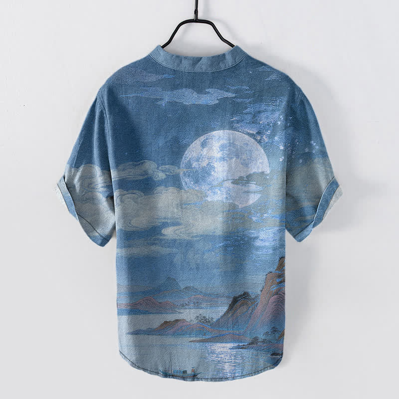 Buddha Stones Kurzarmhemd aus Baumwolle mit Mond-, Wolken- und Bergmuster, Herren, halb geknöpft - image 6