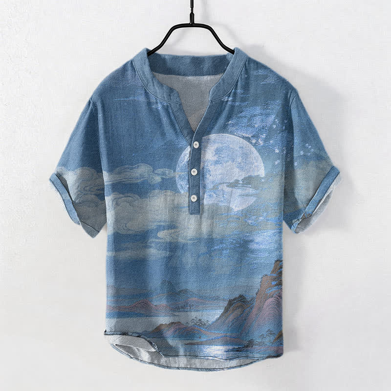 Buddha Stones Kurzarmhemd aus Baumwolle mit Mond-, Wolken- und Bergmuster, Herren, halb geknöpft - SteelBlue - US/ UK/AU50, EU60 (5XL) - image 5