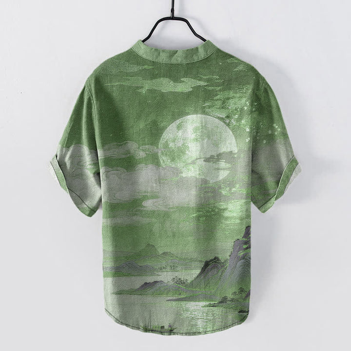 Buddha Stones Kurzarmhemd aus Baumwolle mit Mond-, Wolken- und Bergmuster, Herren, halb geknöpft - image 11