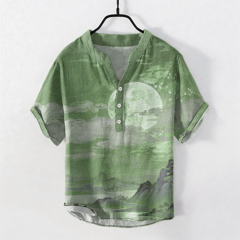Buddha Stones Kurzarmhemd aus Baumwolle mit Mond-, Wolken- und Bergmuster, Herren, halb geknöpft - SeaGreen - US/ UK/AU50, EU60 (5XL) - image 10