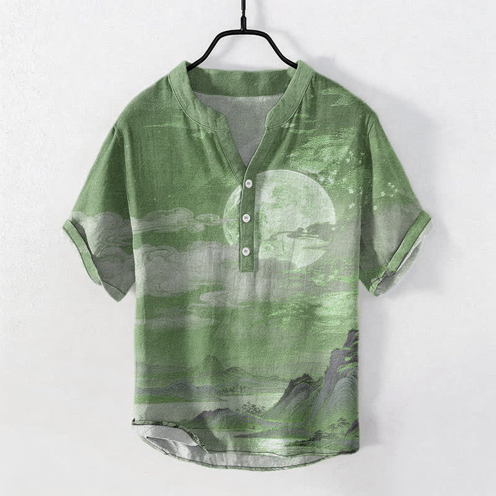 Buddha Stones Kurzarmhemd aus Baumwolle mit Mond-, Wolken- und Bergmuster, Herren, halb geknöpft - SeaGreen - US/ UK/AU50, EU60 (5XL) - image 10