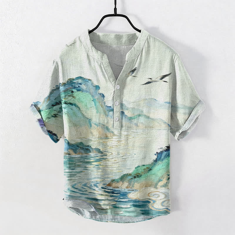 Buddha Stones Kurzarmhemd aus Baumwolle mit Küsten-Aquarell-Landschaftsmuster für Herren, halb geknöpft - Minzcreme - US/UK/AU50, EU60 (5XL) - image 0