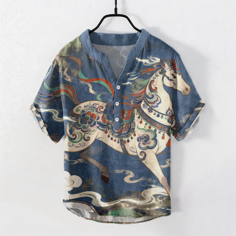 Buddha Stones Kurzarmhemd aus Baumwolle mit Ziermuster eines galoppierenden Pferdes, halb geknöpft, für Herren - SteelBlue - US/ UK/AU50, EU60 (5XL) - image 0