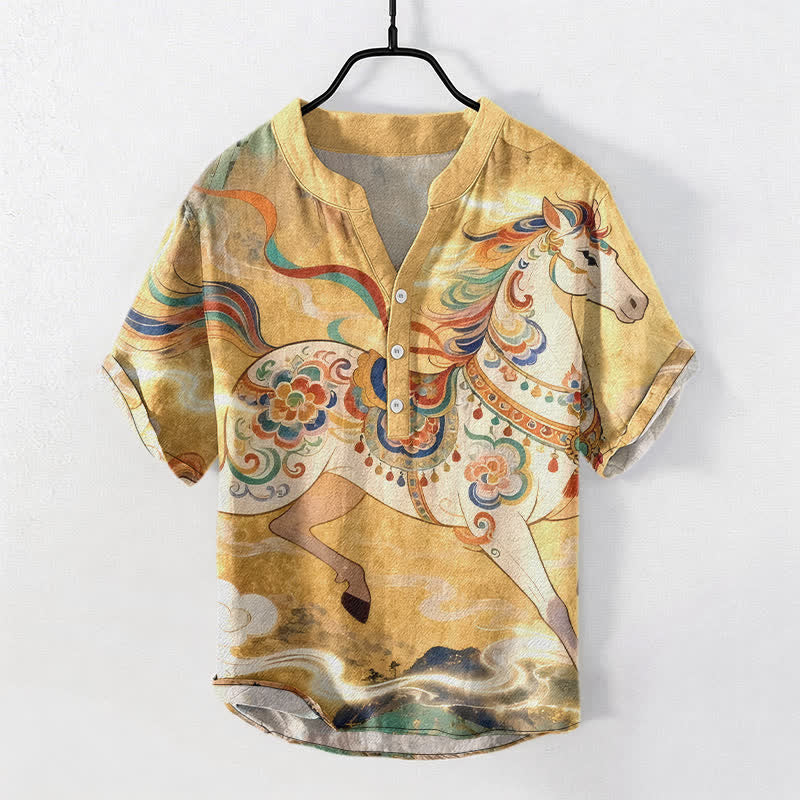Buddha Stones Kurzarmhemd aus Baumwolle mit Ziermuster eines galoppierenden Pferdes, halb geknöpft, für Herren - Gold - US/ UK/AU50, EU60 (5XL) - image 5