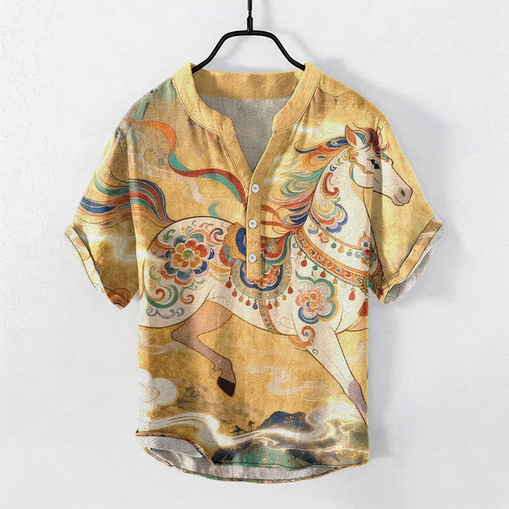 Buddha Stones Kurzarmhemd aus Baumwolle mit Ziermuster eines galoppierenden Pferdes, halb geknöpft, für Herren - Gold - US/ UK/AU50, EU60 (5XL) - image 5