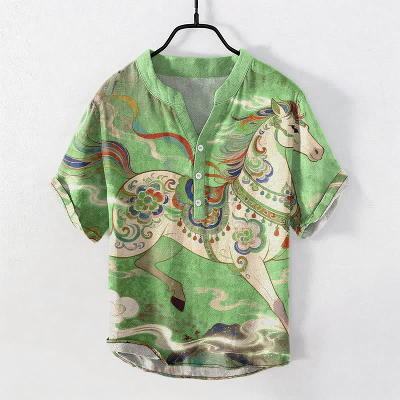Buddha Stones Kurzarmhemd aus Baumwolle mit Ziermuster eines galoppierenden Pferdes, halb geknöpft, für Herren - Hellgrün - US/ UK/AU50, EU60 (5XL) - image 10