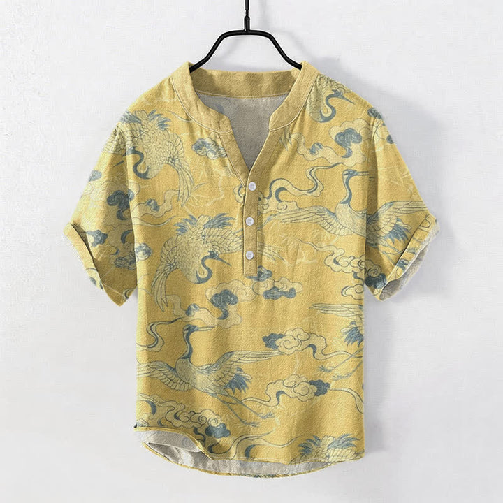 Buddha Stones Kurzarm-Herrenhemd aus Baumwolle mit Kranich- und Wolkenmuster, halb geknöpft - Khaki - US/ UK/AU50, EU60 (5XL) - image 3