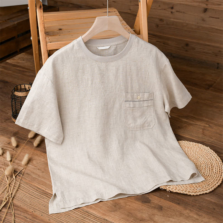 Buddha Stones Lässiges, minimalistisches Kurzarm-T-Shirt für Herren mit aufgesetzter Tasche für den Sommer. - Leinen - US/ UK/AU42, EU52 (3XL) - image 0