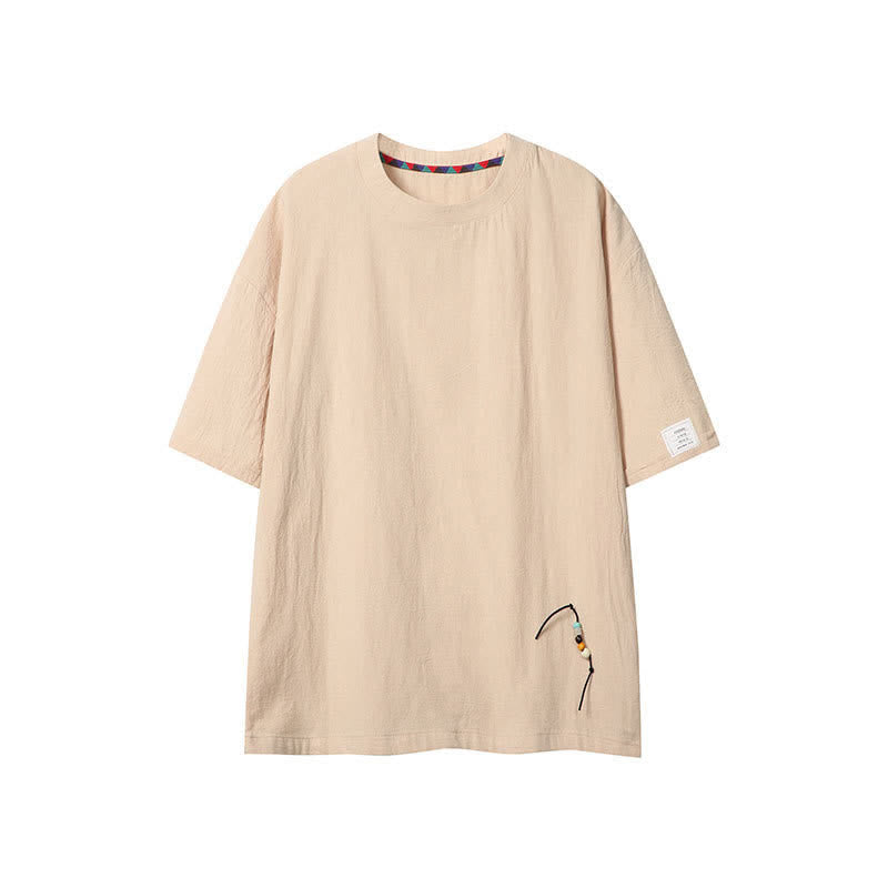 Buddha Stones Lässiges Sommer-T-Shirt im Boho-Stil mit Kordelzug, einfarbig, Kurzarm, für Herren - Beige - US/UK/AU46, EU56 (5XL) - image 0