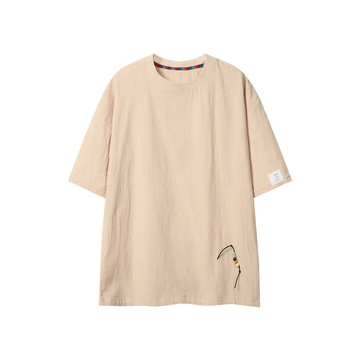 Buddha Stones Lässiges Sommer-T-Shirt im Boho-Stil mit Kordelzug, einfarbig, Kurzarm, für Herren - Beige - US/UK/AU46, EU56 (5XL) - image 0