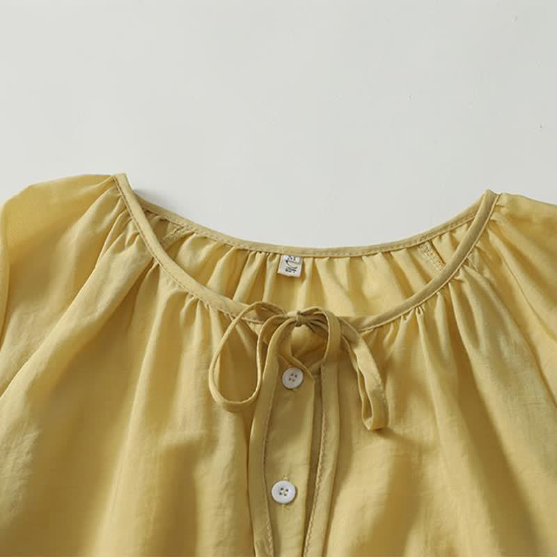 Buddha Stones Lässiges Boho-Langarmshirt für Damen, einfarbig, mit Rundhalsausschnitt, Kordelzug und Knopfleiste, für Frühling und Sommer - image 2