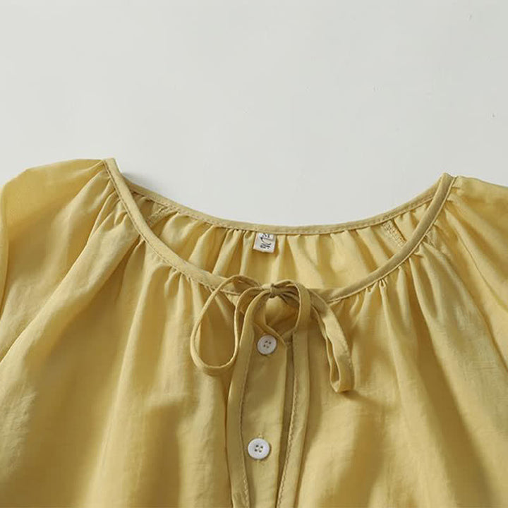 Buddha Stones Lässiges Boho-Langarmshirt für Damen, einfarbig, mit Rundhalsausschnitt, Kordelzug und Knopfleiste, für Frühling und Sommer - image 2