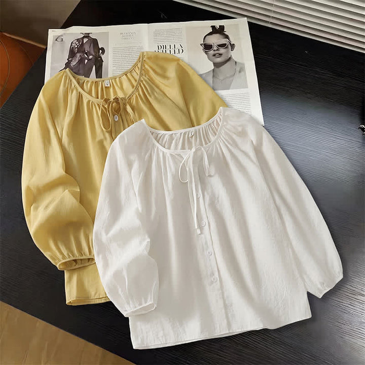 Buddha Stones Lässiges Boho-Langarmshirt für Damen, einfarbig, mit Rundhalsausschnitt, Kordelzug und Knopfleiste, für Frühling und Sommer - image 9