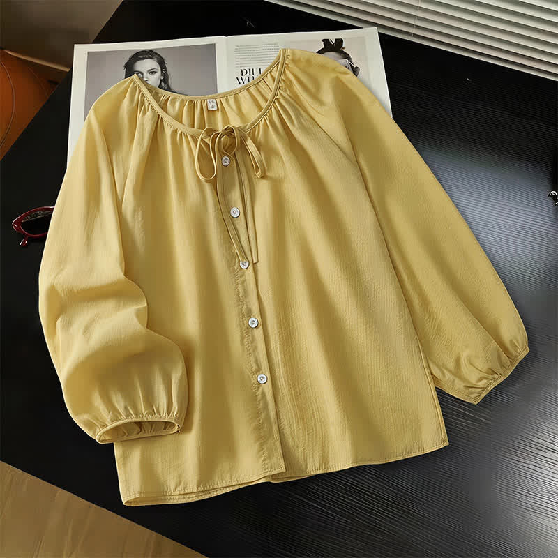Buddha Stones Lässiges Boho-Langarmshirt für Damen, einfarbig, mit Rundhalsausschnitt, Kordelzug und Knopfleiste, für Frühling und Sommer - Dunkelkhaki - US8-10, UK/AU12-14, EU40-42 (2XL) - image 0