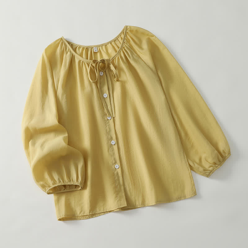 Buddha Stones Lässiges Boho-Langarmshirt für Damen, einfarbig, mit Rundhalsausschnitt, Kordelzug und Knopfleiste, für Frühling und Sommer - image 1