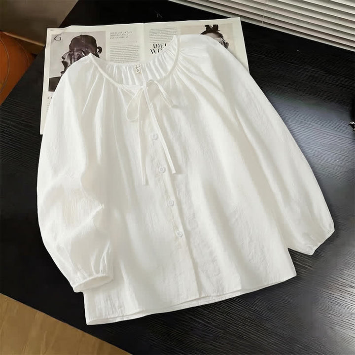Buddha Stones Lässiges Boho-Langarmshirt für Damen, einfarbig, mit Rundhalsausschnitt, Kordelzug und Knopfleiste, für Frühling und Sommer - Weiß - US8-10, UK/AU12-14, EU40-42 (2XL) - image 3