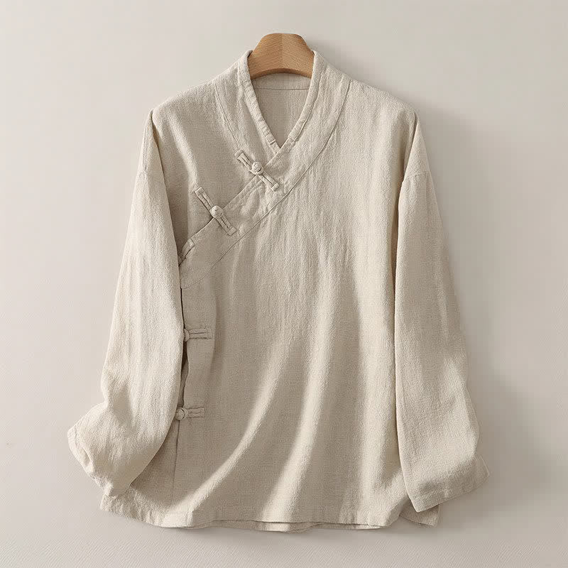 Buddha Stones Frühling/Sommer Tang Style Minimalistisches V-Ausschnitt-Langarmshirt mit Froschknopfleiste für Damen, einfarbig - Beige - US12, UK/AU16, EU44 (3XL) - image 0