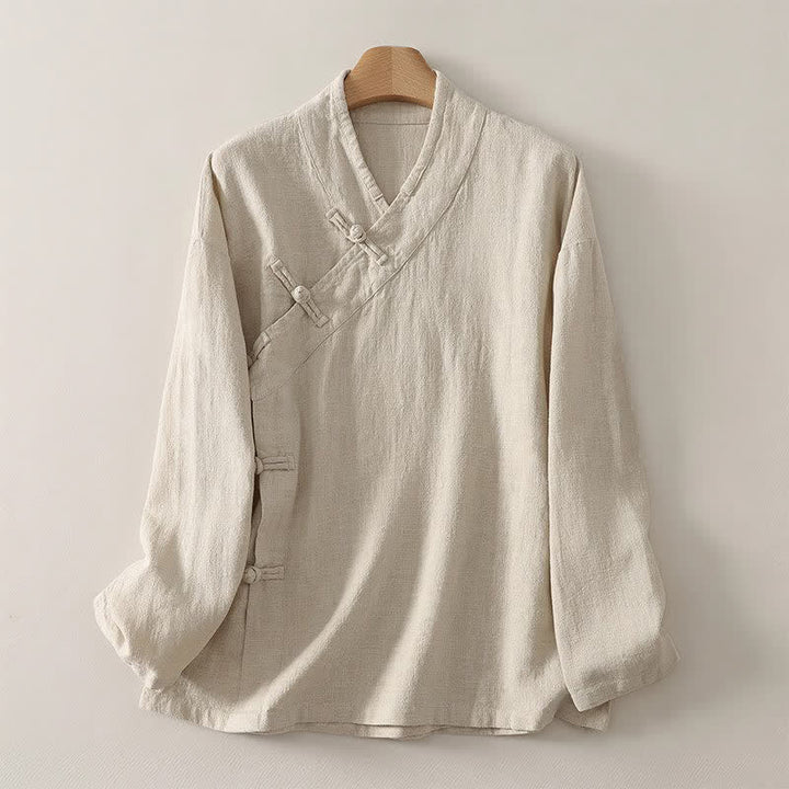 Buddha Stones Frühling/Sommer Tang Style Minimalistisches V-Ausschnitt-Langarmshirt mit Froschknopfleiste für Damen, einfarbig - Beige - US12, UK/AU16, EU44 (3XL) - image 0