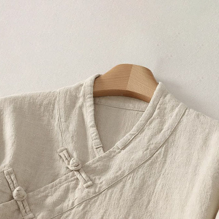 Buddha Stones Frühling/Sommer Tang Style Minimalistisches V-Ausschnitt-Langarmshirt mit Froschknopfleiste für Damen, einfarbig - image 1