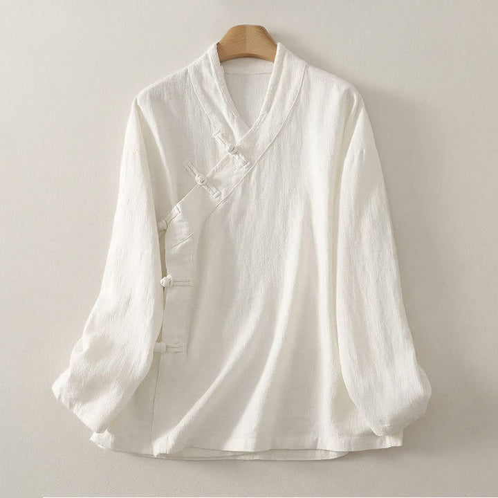 Buddha Stones Frühling/Sommer Tang Style Minimalistisches V-Ausschnitt-Langarmshirt mit Froschknopfleiste für Damen, einfarbig - Elfenbein - US12, UK/AU16, EU44 (3XL) - image 9