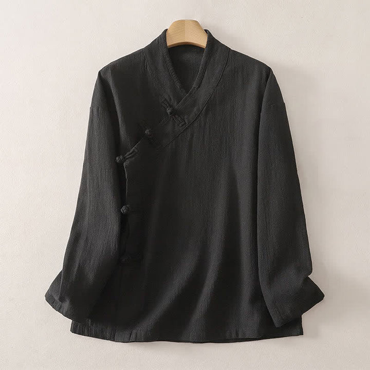 Buddha Stones Frühling/Sommer Tang Style Minimalistisches V-Ausschnitt-Langarmshirt mit Froschknopfleiste für Damen, einfarbig - Schwarz - US12, UK/AU16, EU44 (3XL) - image 5