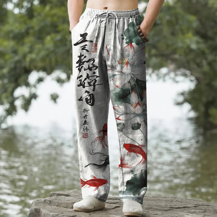 Buddha Stones Herrenhose aus Baumwolle mit Lotus-Koi-Fisch-Tintenwaschmuster, schmal zulaufend und mit Taschen - Beige - US/ UK/AU50, EU60 (5XL) - image 0