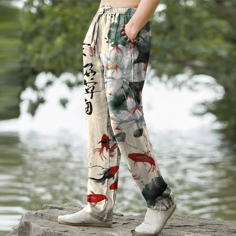Buddha Stones Herrenhose aus Baumwolle mit Lotus-Koi-Fisch-Tintenwaschmuster, schmal zulaufend und mit Taschen - image 5