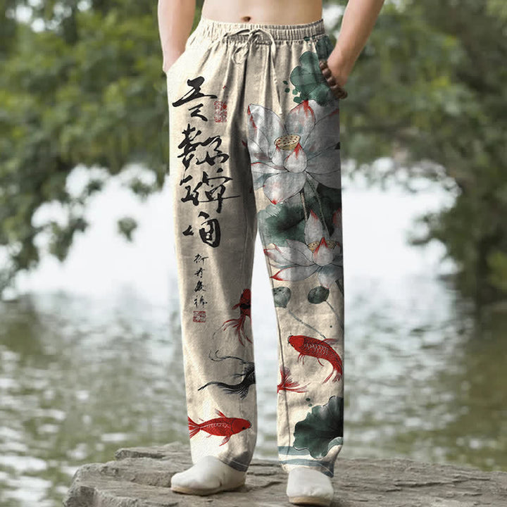 Buddha Stones Herrenhose aus Baumwolle mit Lotus-Koi-Fisch-Tintenwaschmuster, schmal zulaufend und mit Taschen - Weizen - US/ UK/AU50, EU60 (5XL) - image 4