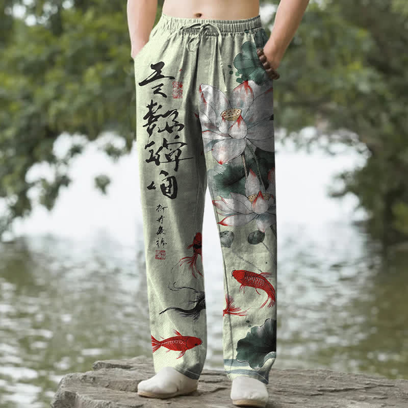 Buddha Stones Herrenhose aus Baumwolle mit Lotus-Koi-Fisch-Tintenwaschmuster, schmal zulaufend und mit Taschen - Hellgrün - US/ UK/AU50, EU60 (5XL) - image 6